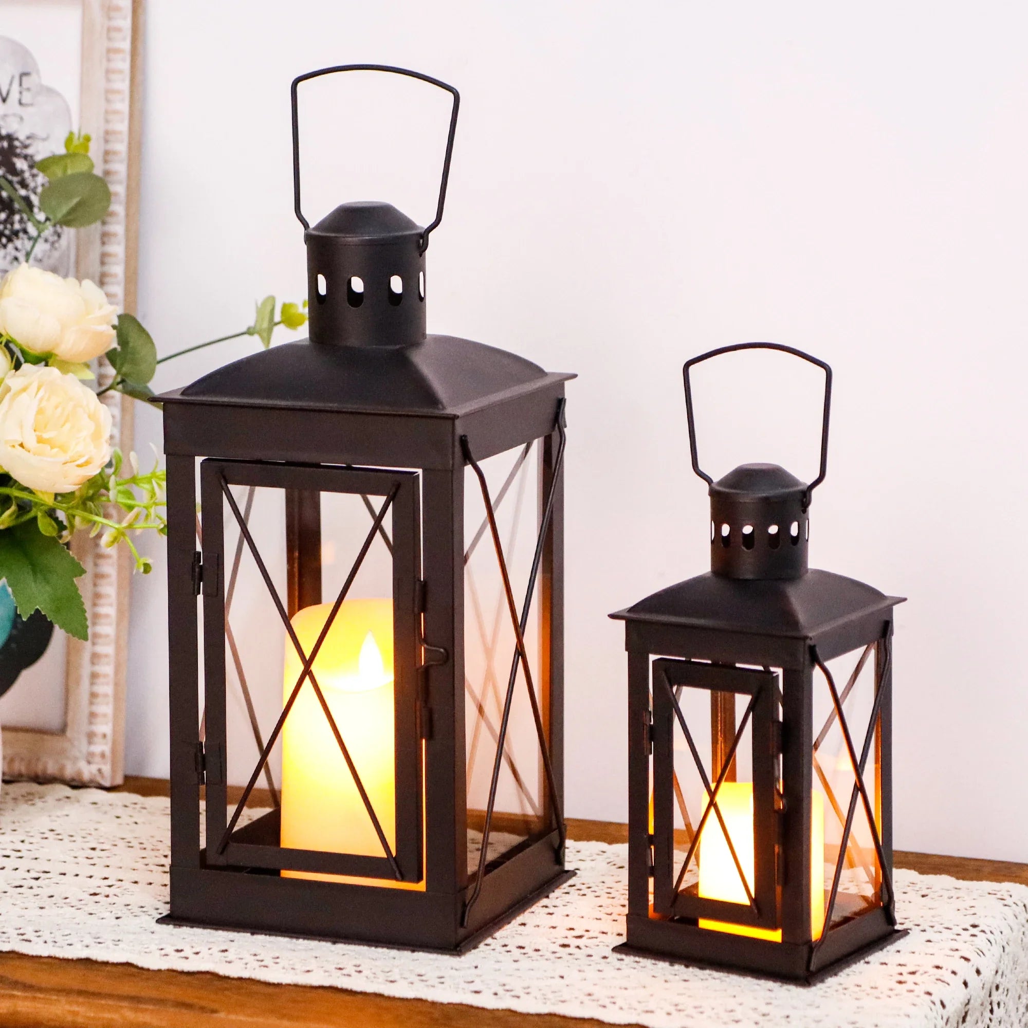 Set of 2 Decorative Candle Lantern Metal Candle Holder Hanging Lantern decorative candle lantern with nature-inspired artwork - product view 6