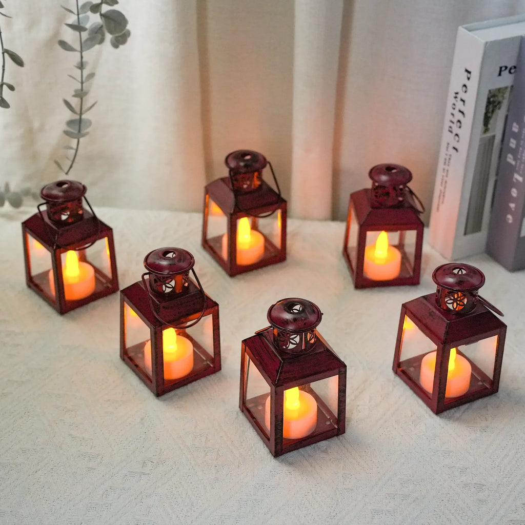 6 Pcs Small Metal Candle Lanterns Vintage Hanging House Tealight decorative candle lantern with nature-inspired artwork - product view 2