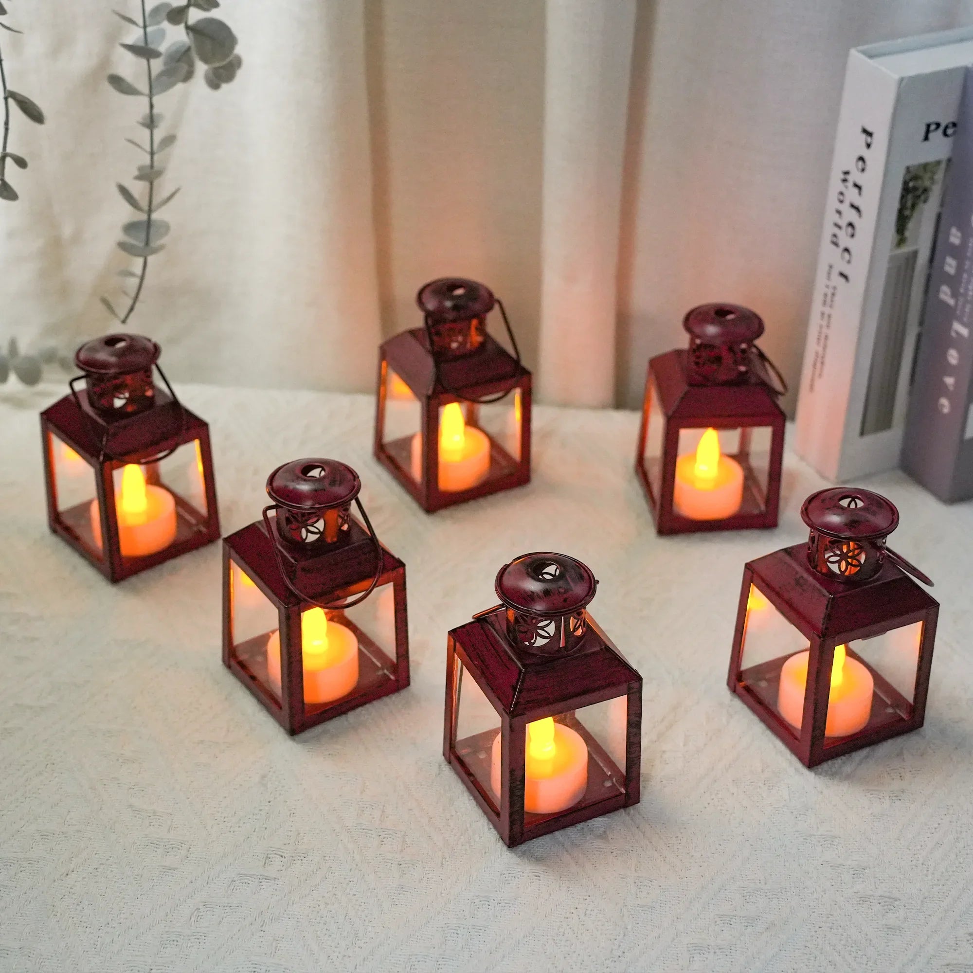 6 Pcs Small Metal Candle Lanterns Vintage Hanging House Tealight decorative candle lantern with nature-inspired artwork - product view 2