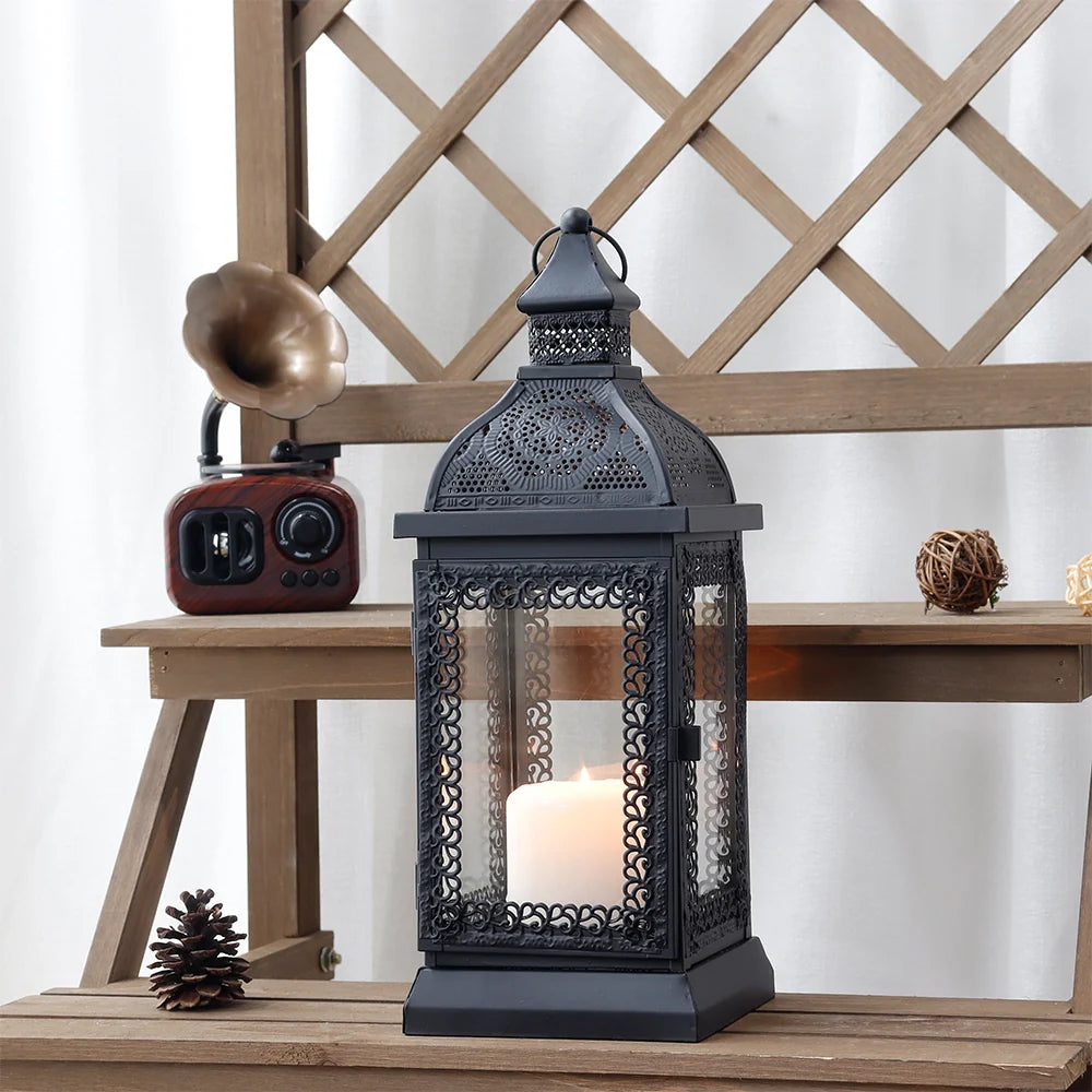 13''h Rustic Metal Candle Lantern(black) decorative candle lanterns with nature-inspired artwork - product view 2