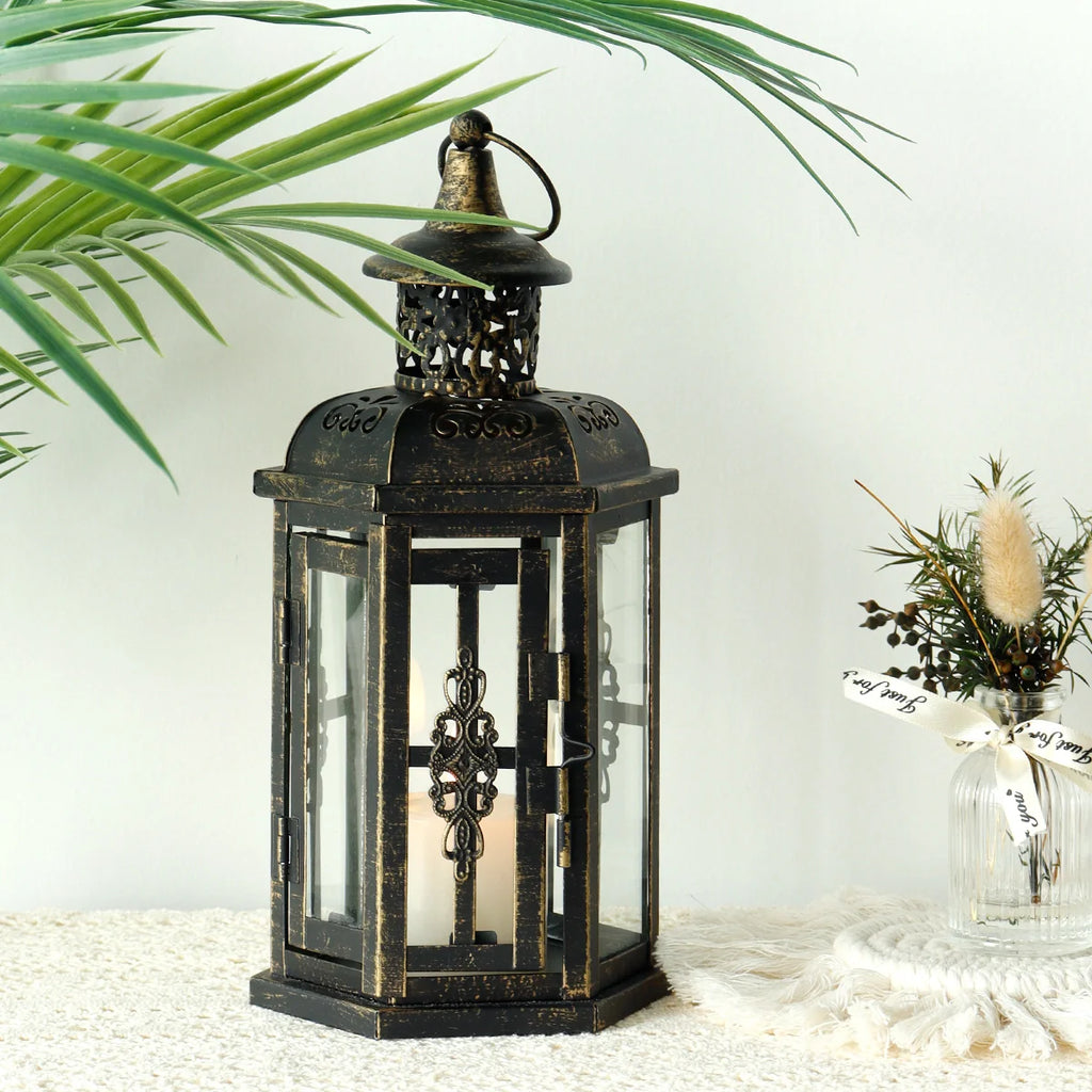 12“h Medium Metal Candle Holder(black with Gold Brush) decorative candle lantern with nature-inspired artwork - product view 5
