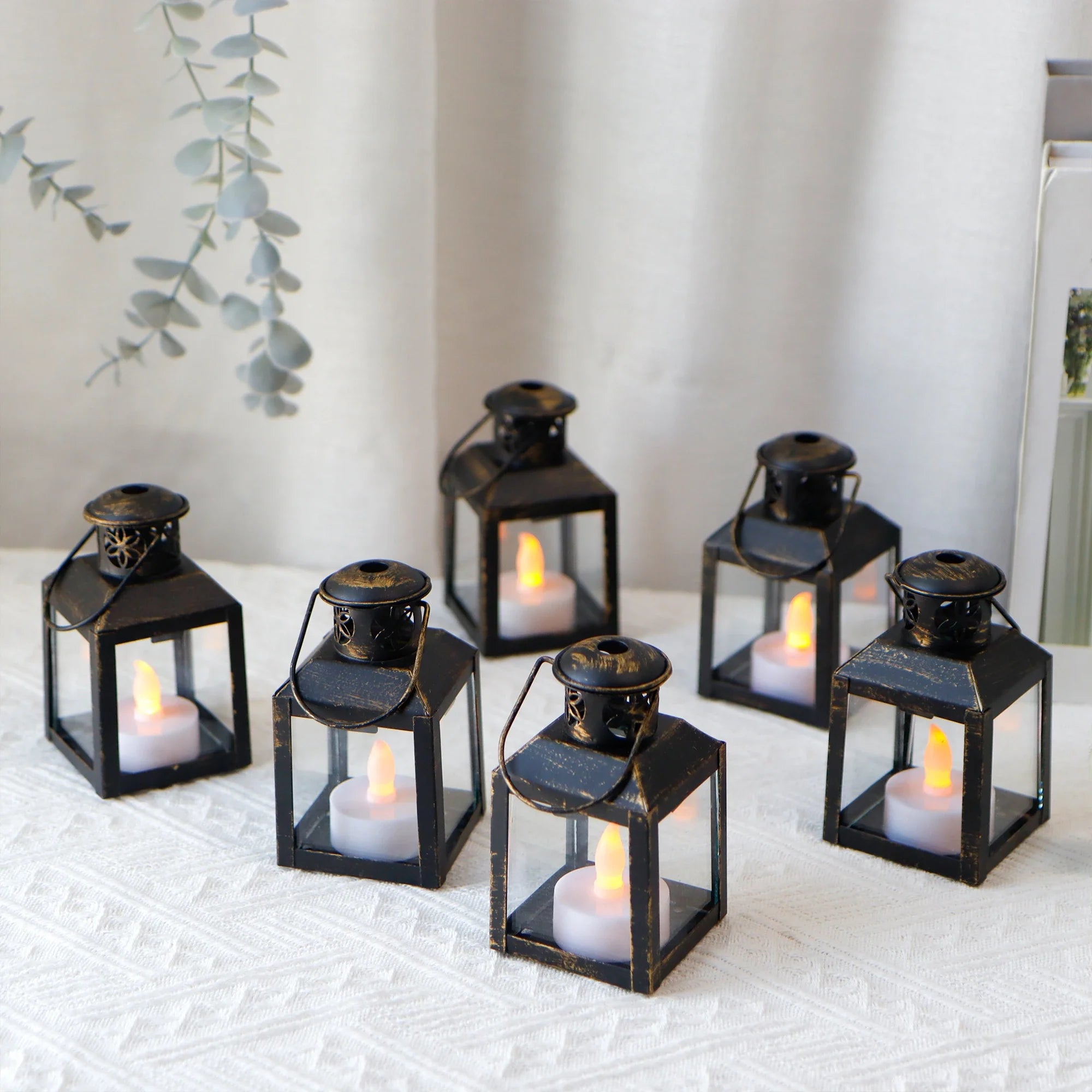 6 Pcs Small Metal Candle Lanterns Vintage Hanging House Tealight decorative candle lantern with nature-inspired artwork - product view 6