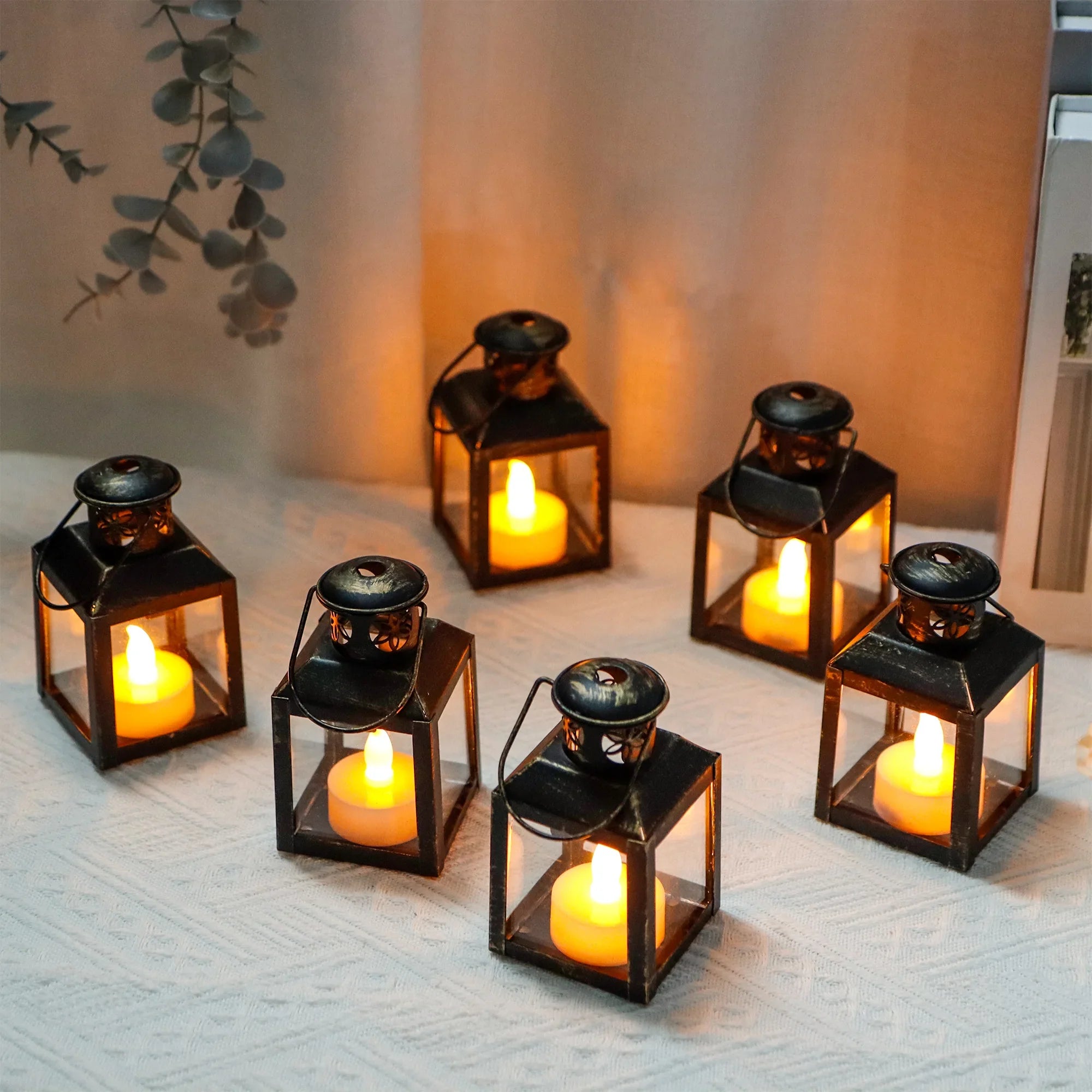 6 Pcs Small Metal Candle Lanterns Vintage Hanging House Tealight decorative candle lantern with nature-inspired artwork - product view 4