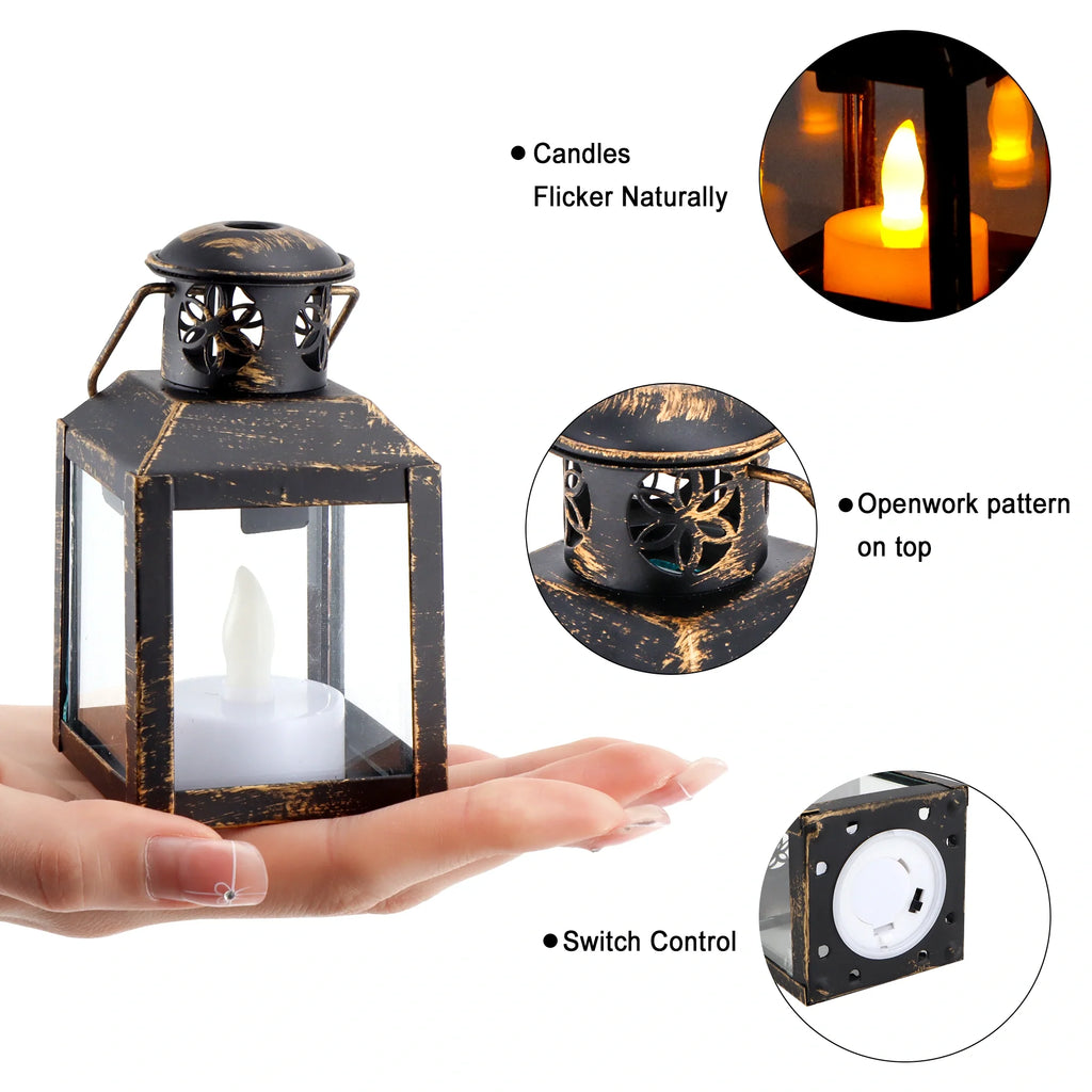 6 Pcs Small Metal Candle Lanterns Vintage Hanging House Tealight decorative candle lantern with nature-inspired artwork - product view 7