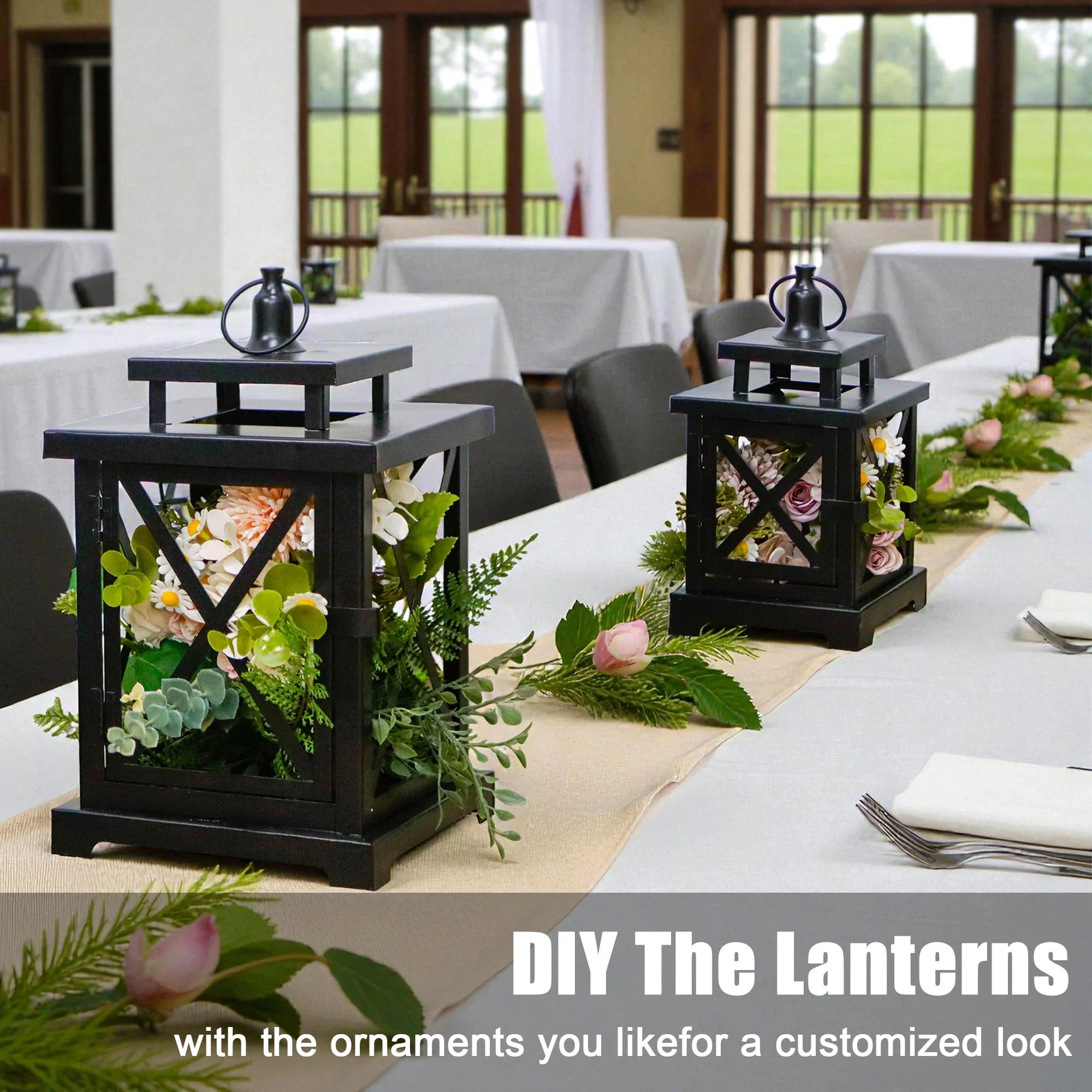 12.5" & 9" H Hanging Candle Lanterns with Led Pillar Candles decorative candle lantern with nature-inspired artwork - product view 3