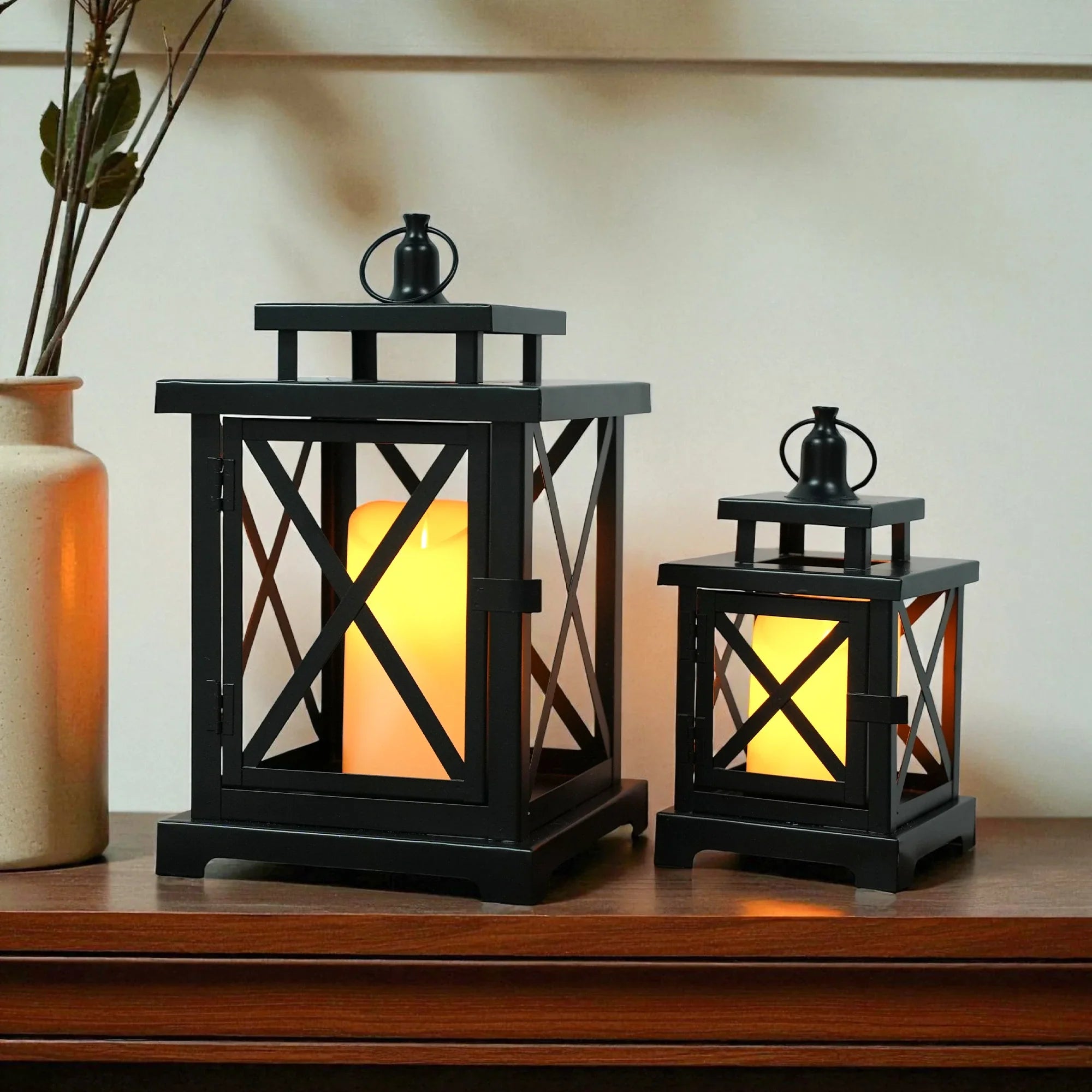 12.5" & 9" H Hanging Candle Lanterns with Led Pillar Candles decorative candle lantern with nature-inspired artwork - product view 4