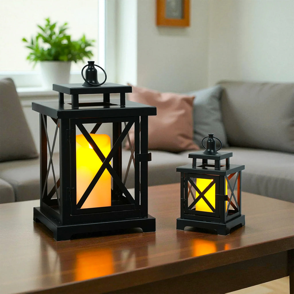 12.5" & 9" H Hanging Candle Lanterns with Led Pillar Candles decorative candle lantern with nature-inspired artwork - product view 5