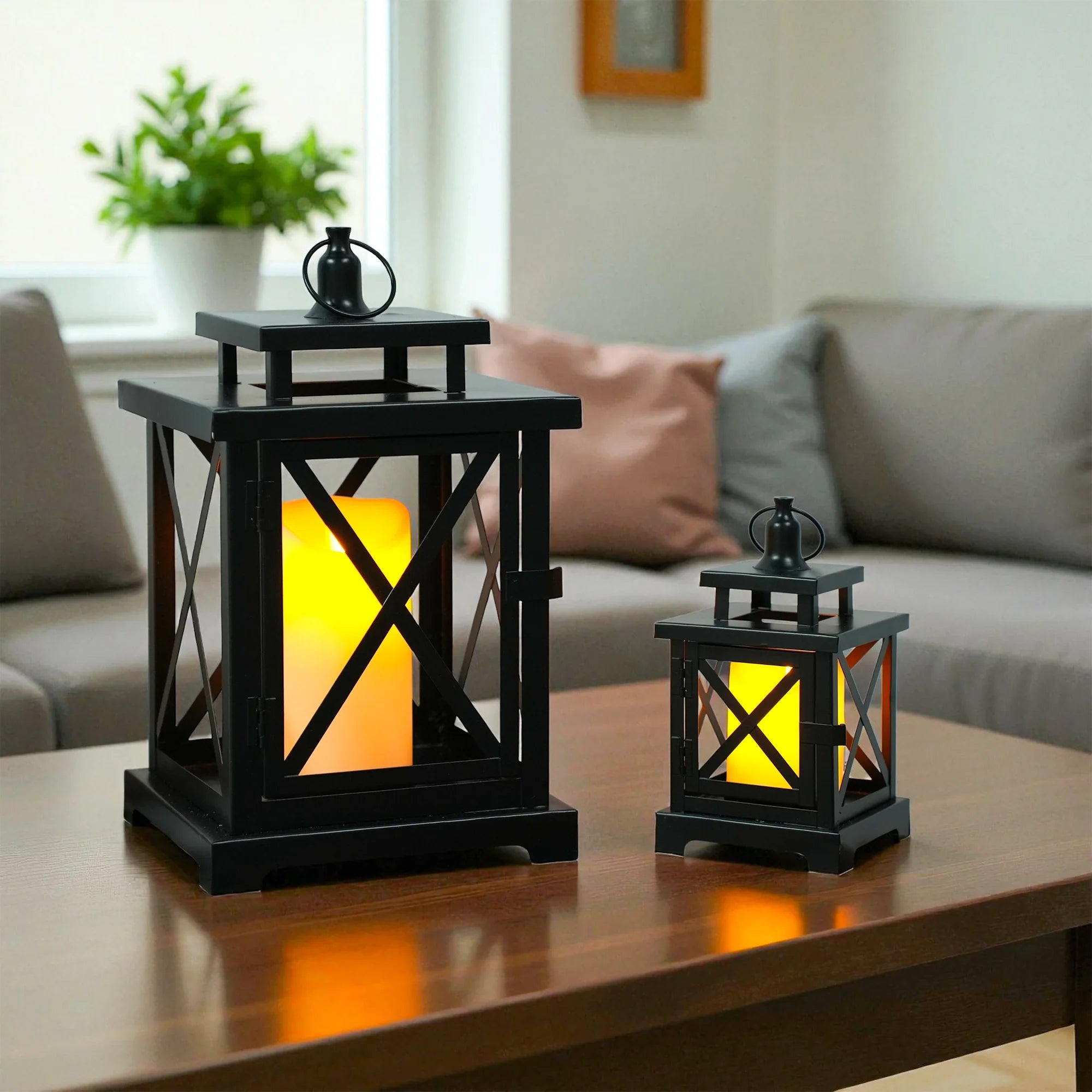 12.5" & 9" H Hanging Candle Lanterns with Led Pillar Candles decorative candle lantern with nature-inspired artwork - product view 5