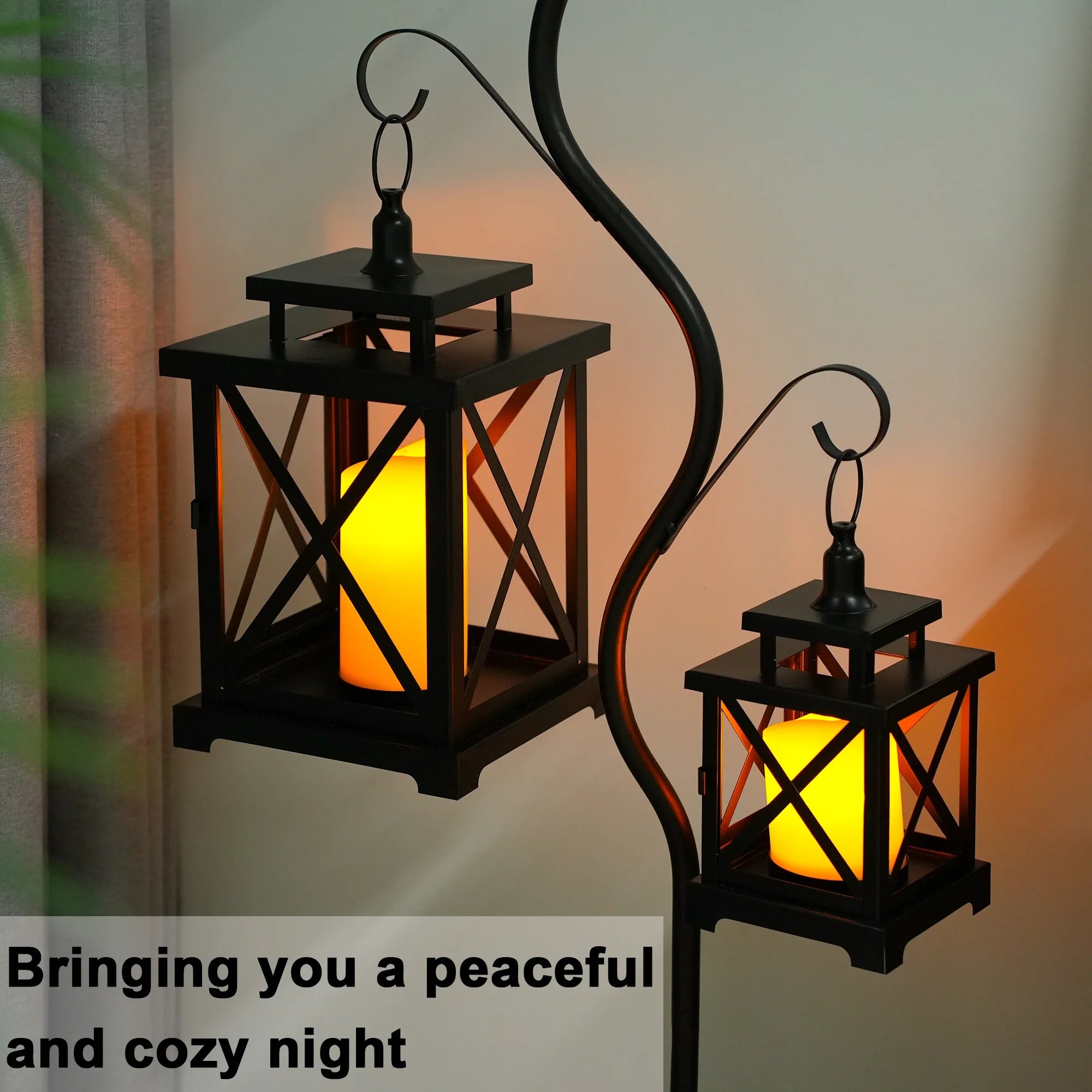 12.5" & 9" H Hanging Candle Lanterns with Led Pillar Candles decorative candle lantern with nature-inspired artwork