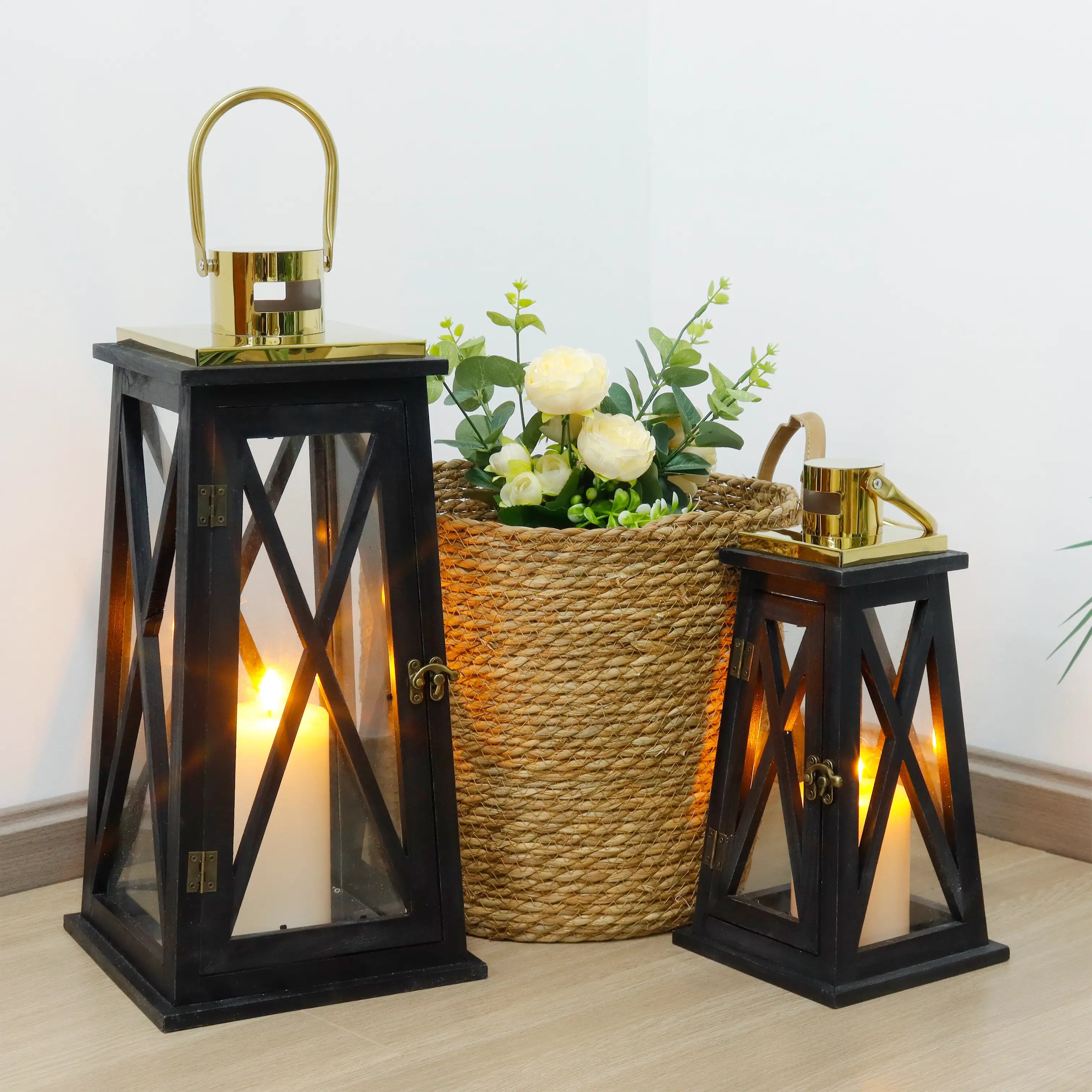 Set of 2 decorative candle lanterns with nature-inspired artwork - product view 3