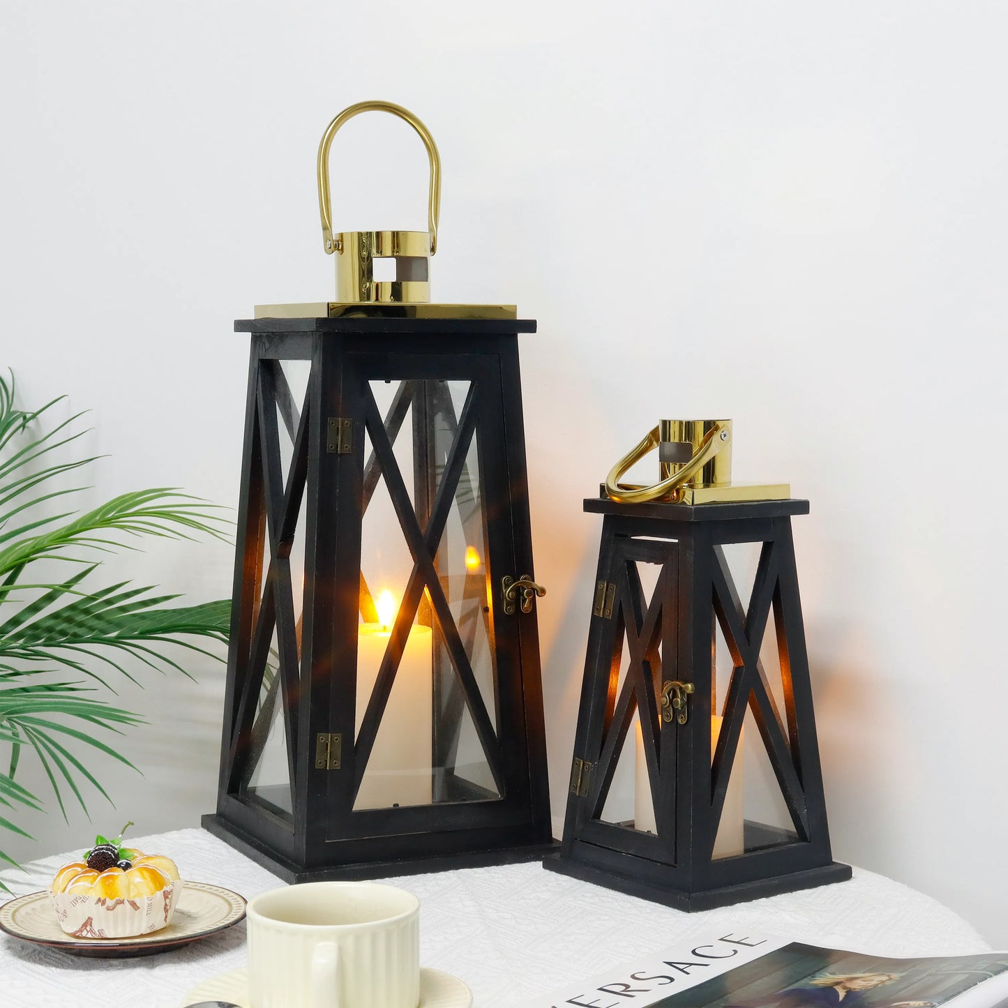 Set of 2-12''&18''H Farmhouse Wooden Lantern(Black Trapezoid)