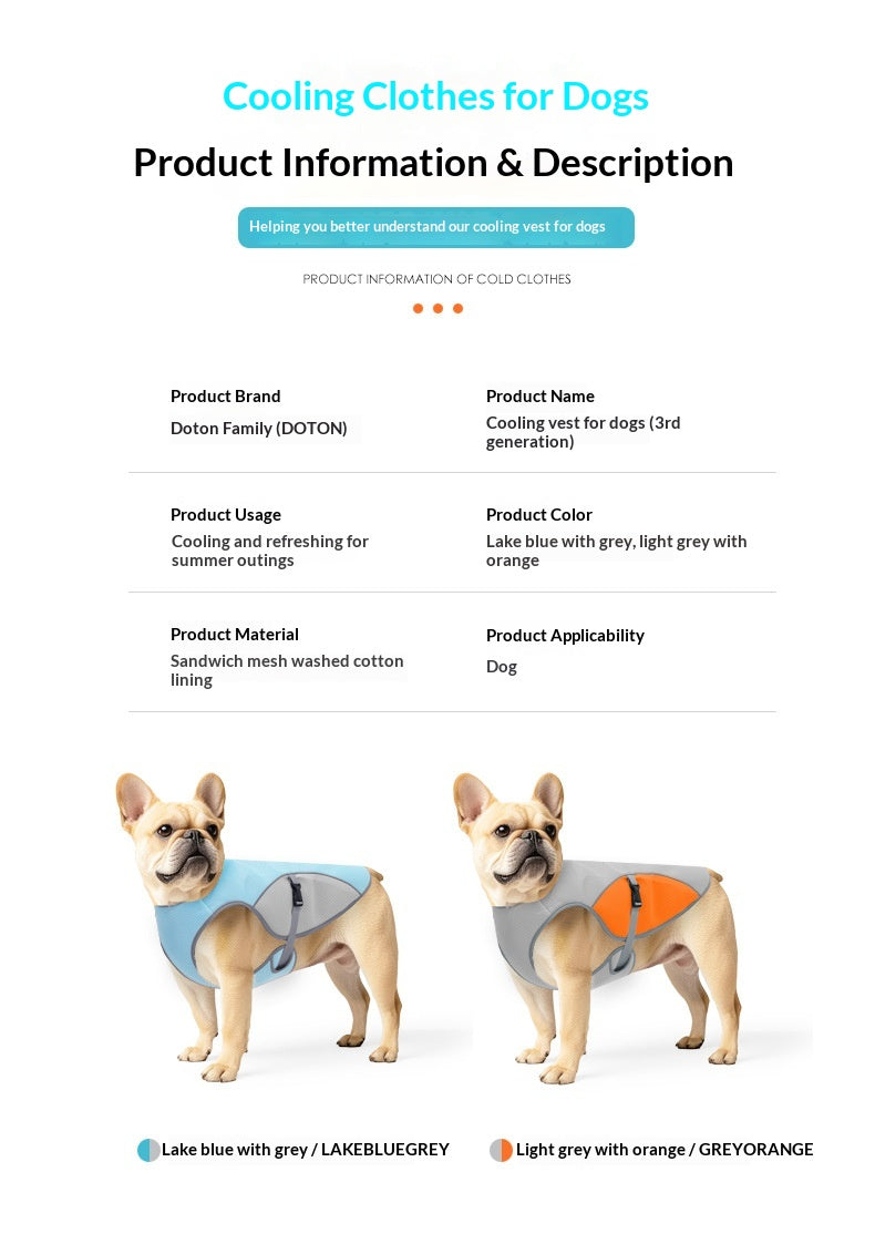 Product information card for cooling clothes for dogs with two dogs wearing the product.