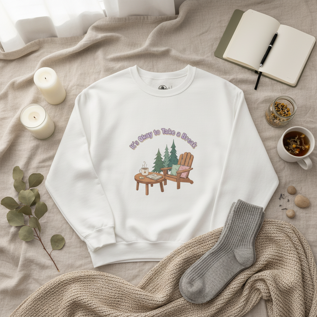 Flat lay with sweatshirt and wellness items