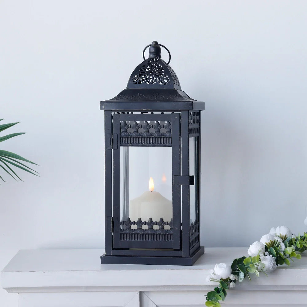 14.5"high Vintage Hanging Lantern（black with Gold Brush） decorative candle lantern with nature-inspired artwork