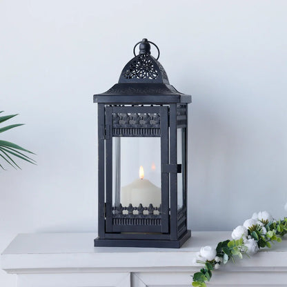 14.5"high Vintage Hanging Lantern（black with Gold Brush） decorative candle lantern with nature-inspired artwork