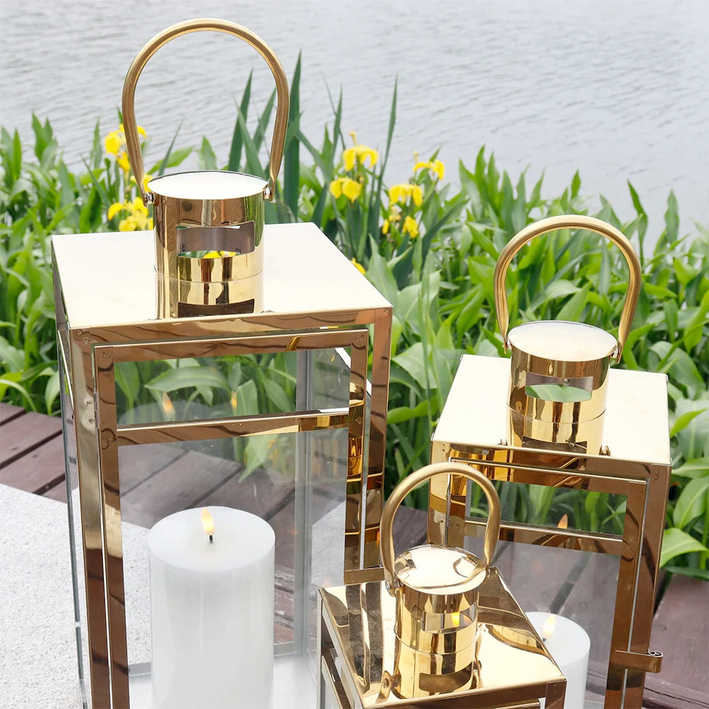 Set of 3 Stainless Steel Lantern (12/15/19'') decorative candle lanterns with nature-inspired artwork - product view 3