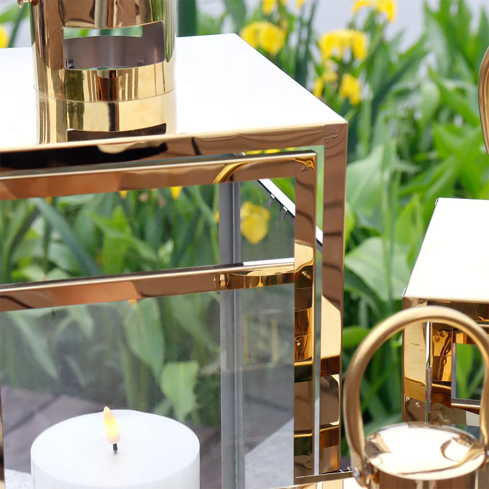 Set of 3 Stainless Steel Lantern (12/15/19'') decorative candle lanterns with nature-inspired artwork - product view 4