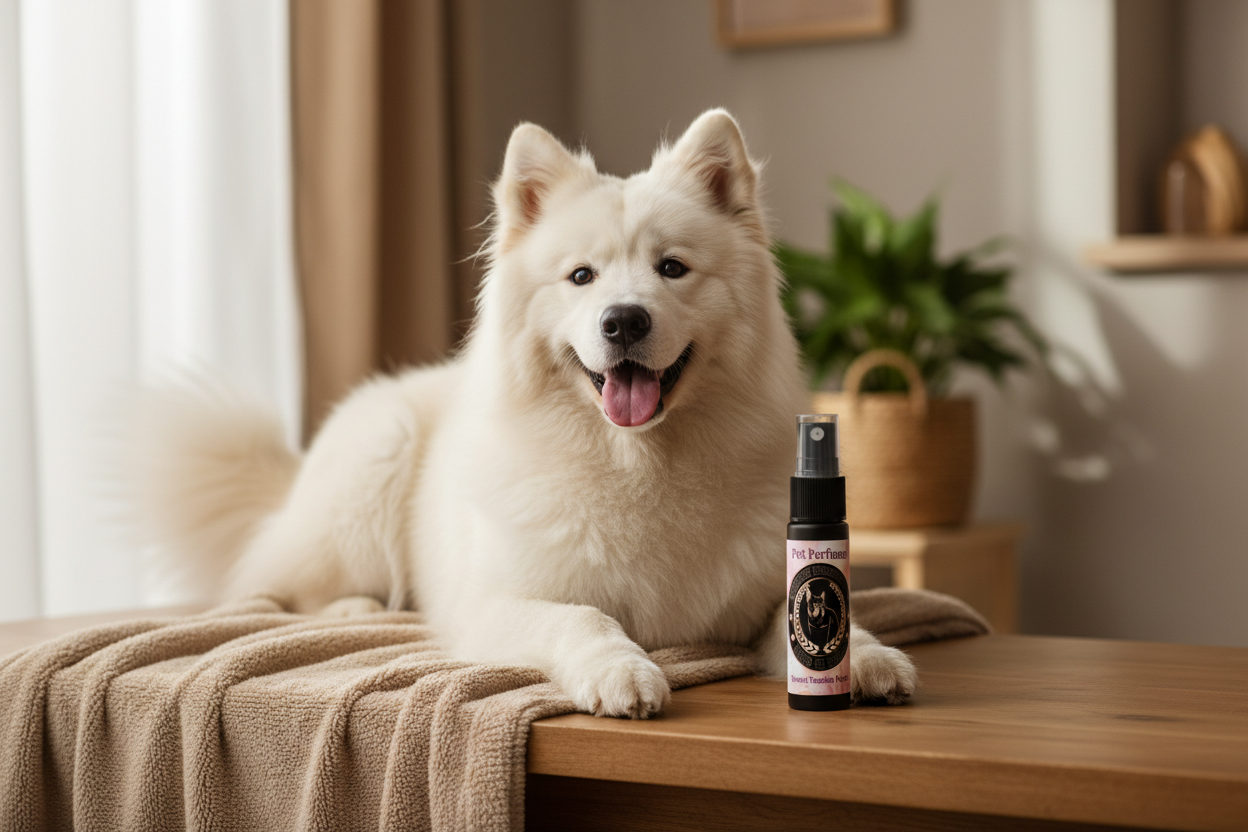 Groomed dog with perfume bottle