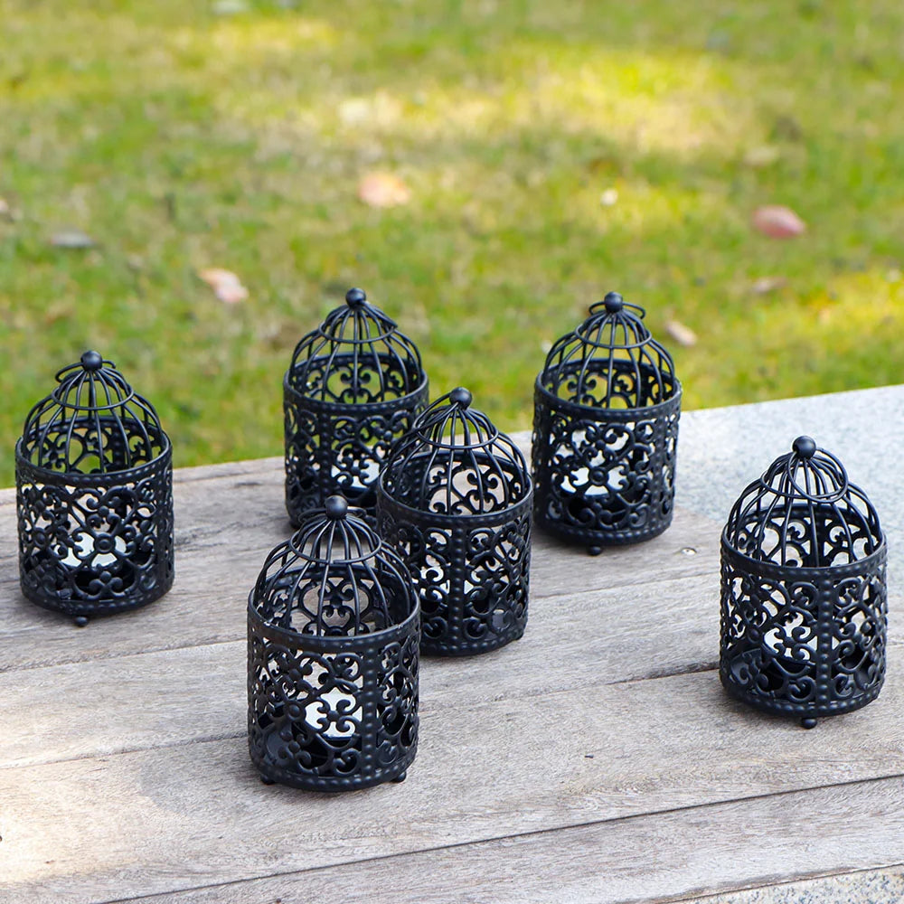 Set of 6 5.5" H Hanging Birdcage Tealight Lantern (black) candle holder with nature-inspired artwork