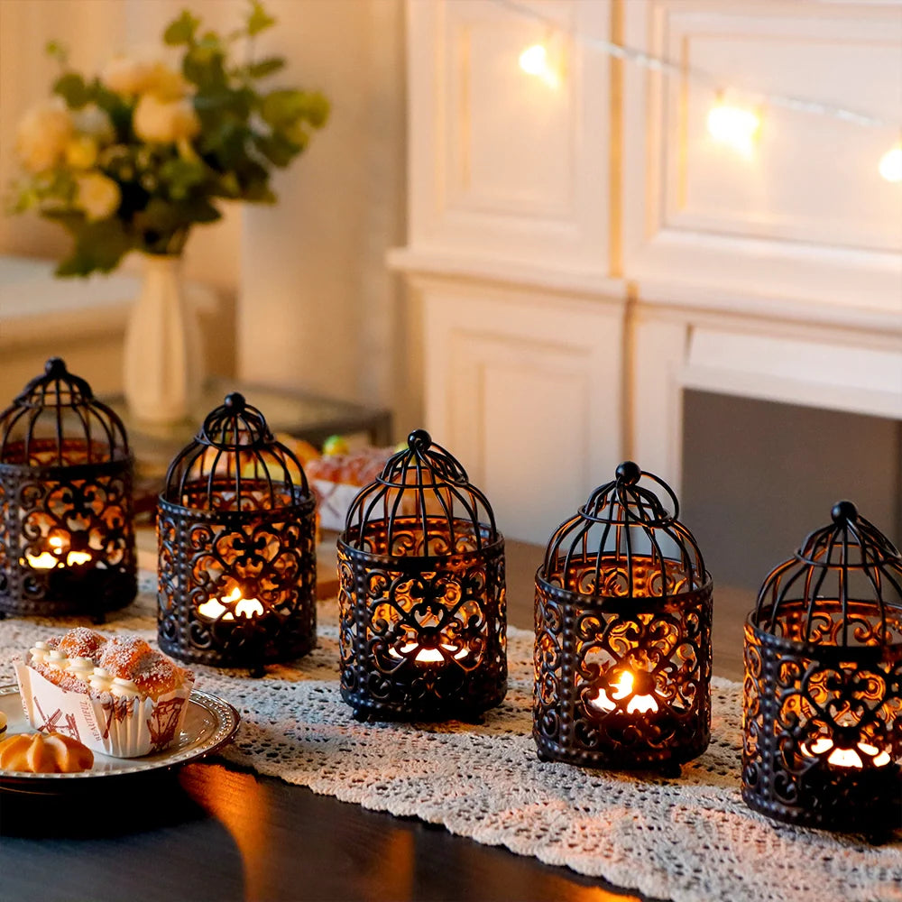 Set of 6 5.5" H Hanging Birdcage Tealight Lantern (black) candle holder with nature-inspired artwork - product view 2