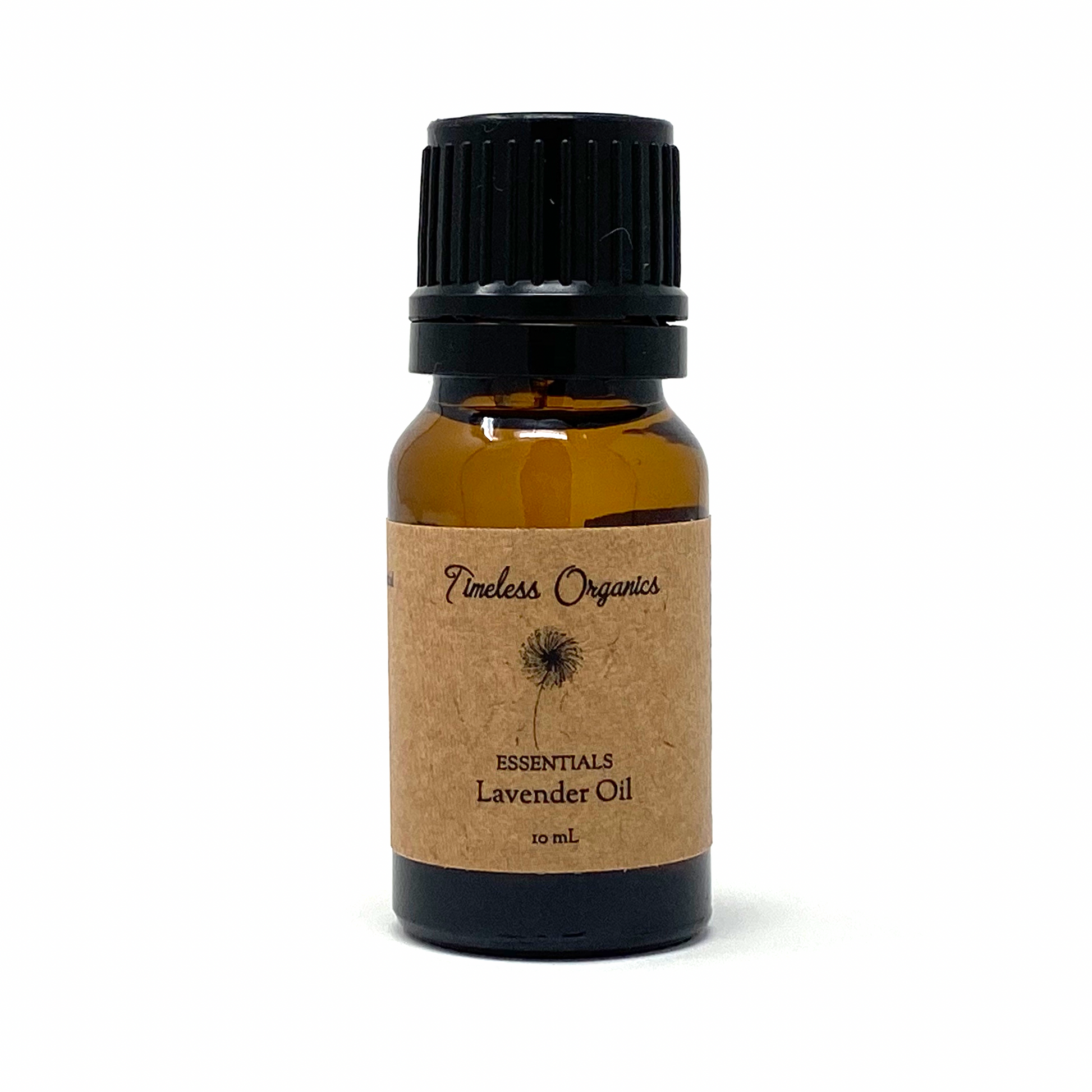 Bottle of Timeless Organics lavender oil on a white background