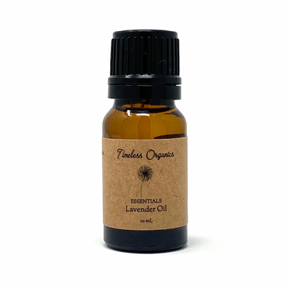 Bottle of Timeless Organics lavender oil on a white background