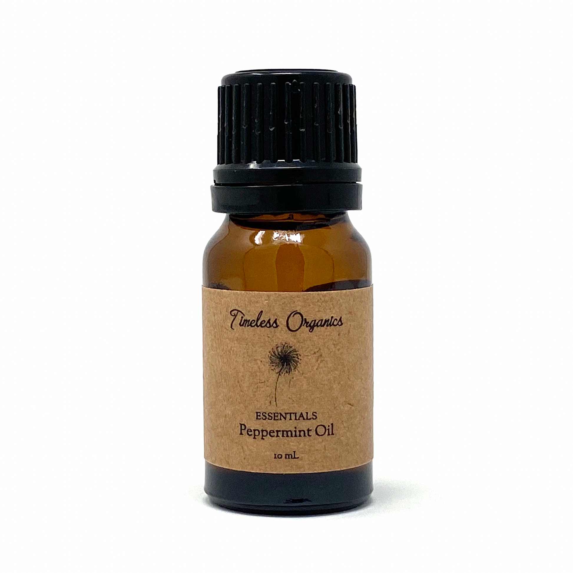 Bottle of Timeless Organics peppermint oil on a white background