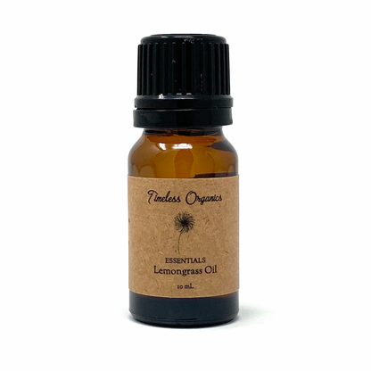 Bottle of Lemongrass oil from Timeless Organics on a white background