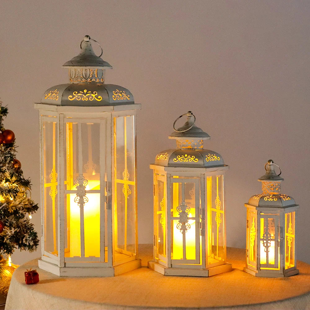 Set of 3 decorative candle lanterns with nature-inspired artwork - product view 6