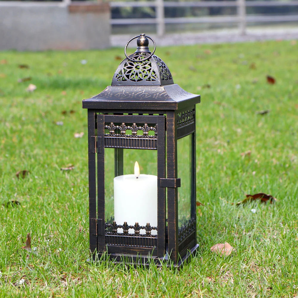 14.5"high Vintage Hanging Lantern（black with Gold Brush） decorative candle lantern with nature-inspired artwork - product view 6