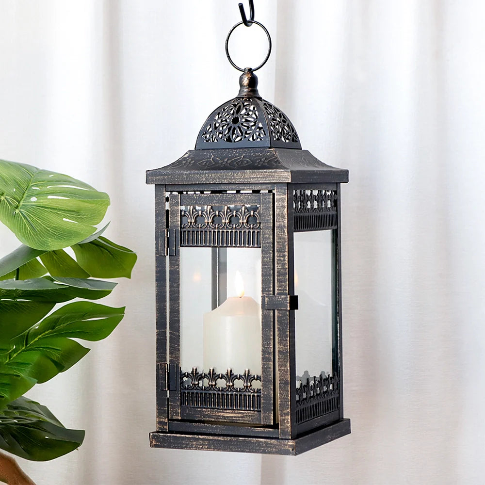 14.5"high Vintage Hanging Lantern（black with Gold Brush） decorative candle lantern with nature-inspired artwork - product view 5