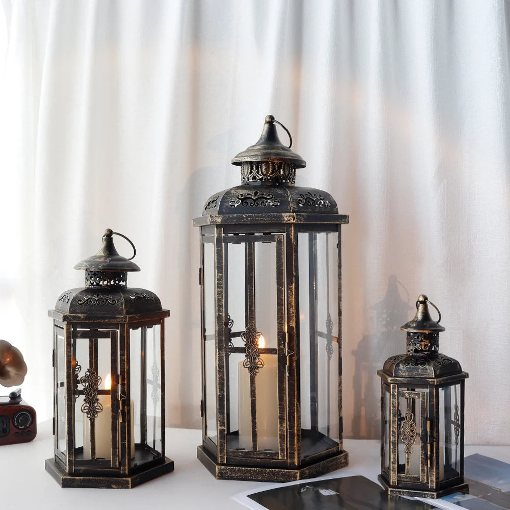 Set of 3 decorative candle lanterns with nature-inspired artwork