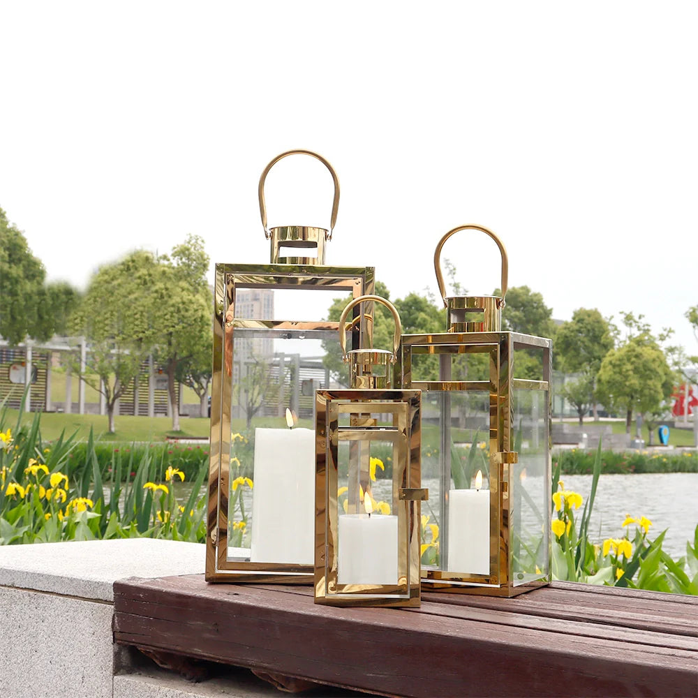 Set of 3 Stainless Steel Lantern (12/15/19'') decorative candle lanterns with nature-inspired artwork - product view 5