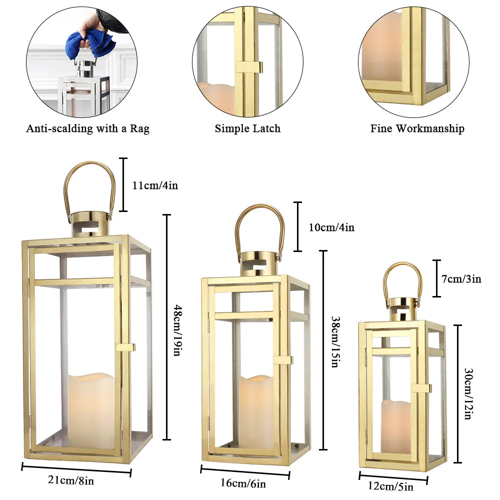 Set of 3 Stainless Steel Lantern (12/15/19'') decorative candle lanterns with nature-inspired artwork - product view 6
