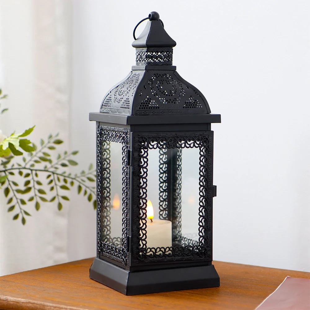 13''h Rustic Metal Candle Lantern(black) decorative candle lanterns with nature-inspired artwork - product view 5