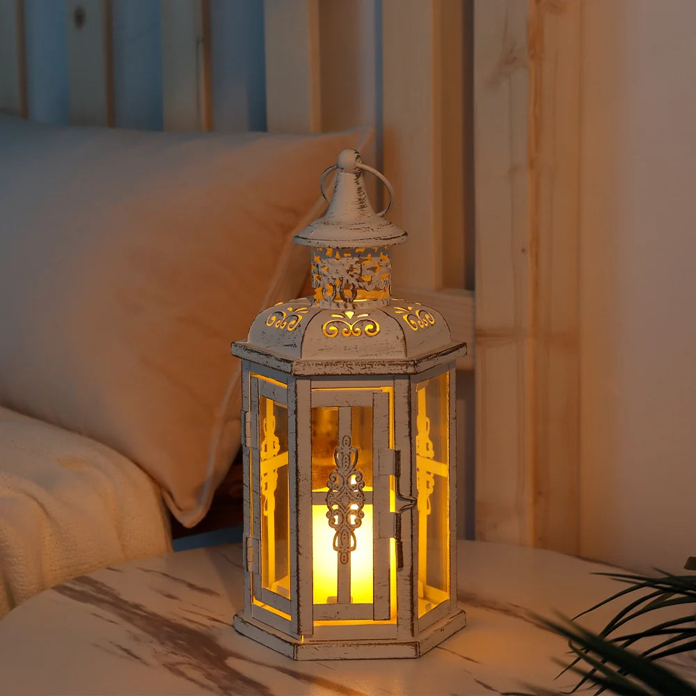10 Inch High Vintage Style Hanging Lantern Metal Candleholder decorative candle lanterns with nature-inspired artwork - product view 3