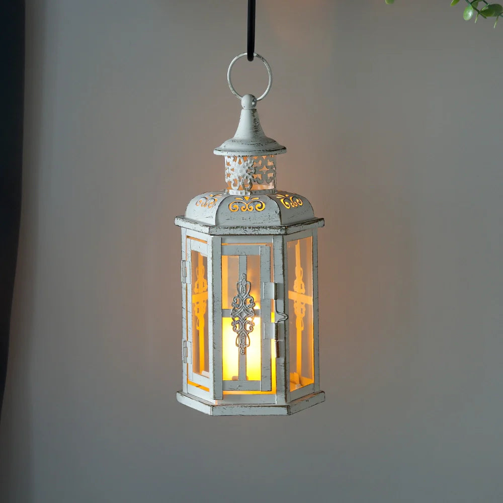 10 Inch High Vintage Style Hanging Lantern Metal Candleholder decorative candle lanterns with nature-inspired artwork - product view 2