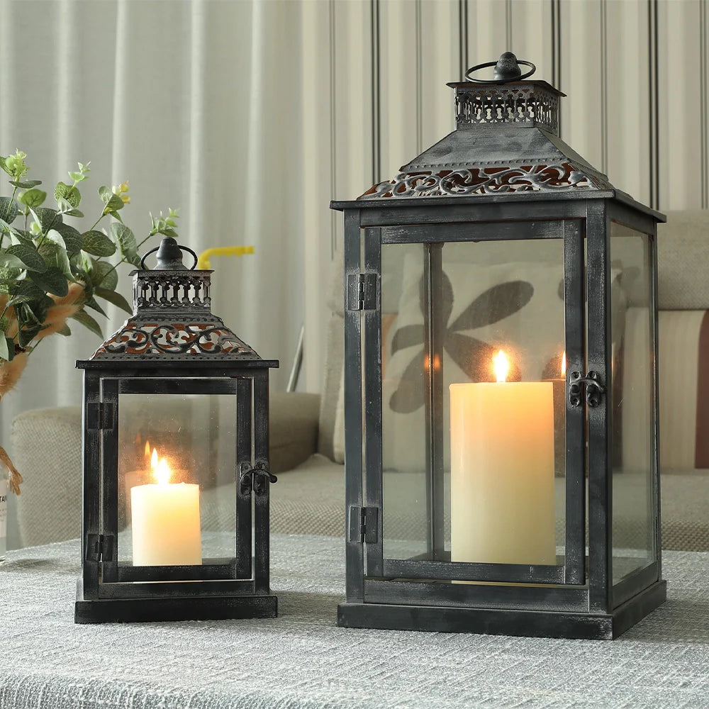 Antique Grey Brush Decorative Lanterns（ Set of 2 ） decorative candle lanterns with nature-inspired artwork