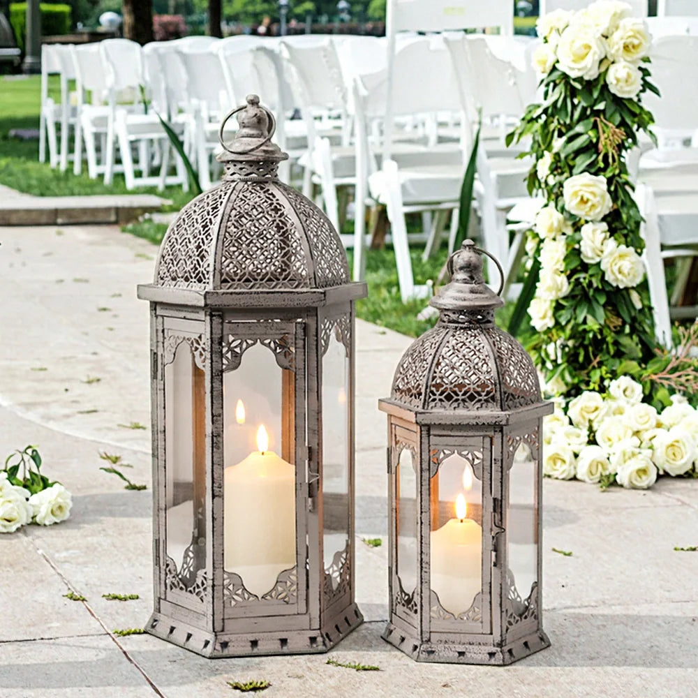 Set of 2-22"&17"H Vintage Metal Candle Lanterns(Grey with Black Brush)