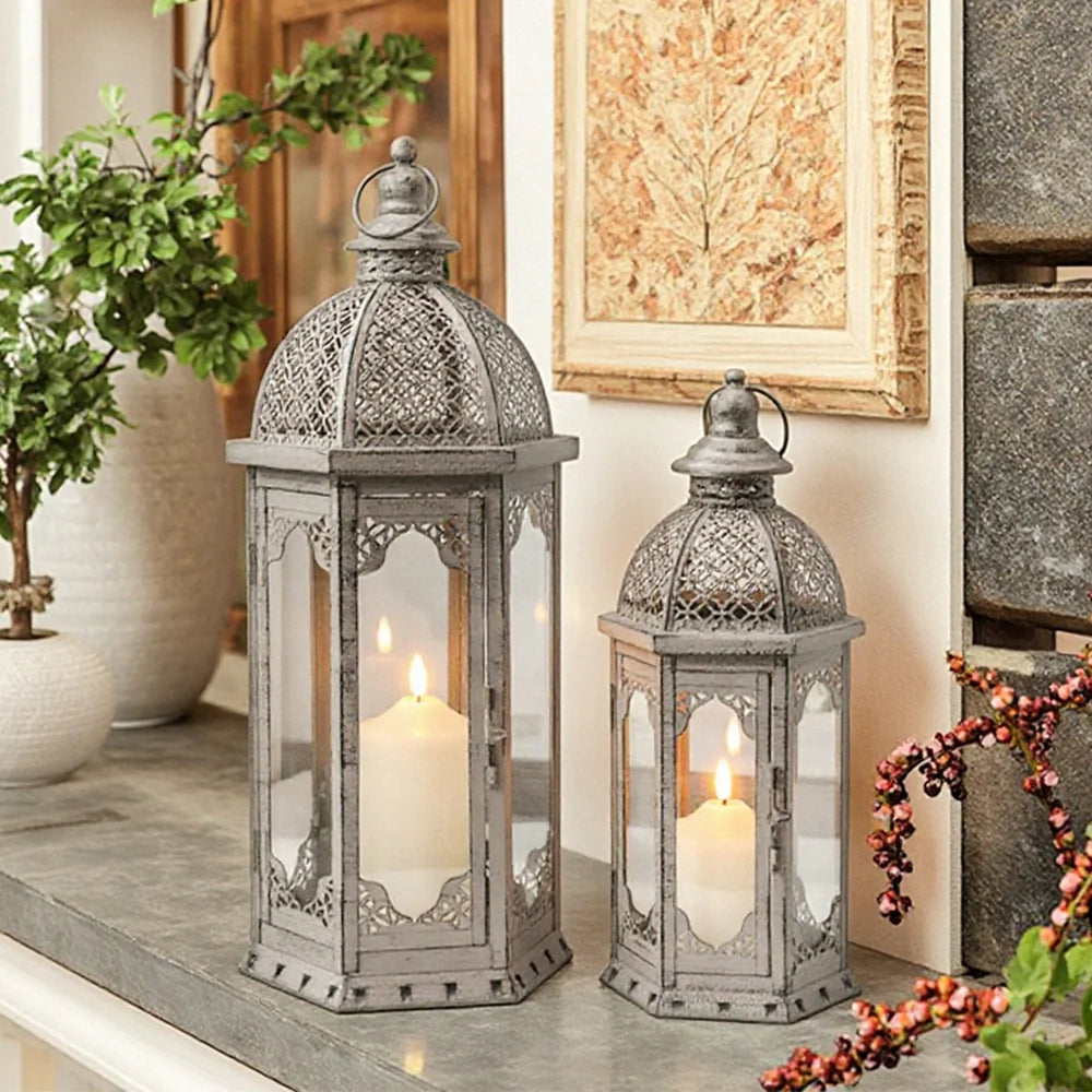 Set of 2 decorative candle lanterns with nature-inspired artwork - product view 4