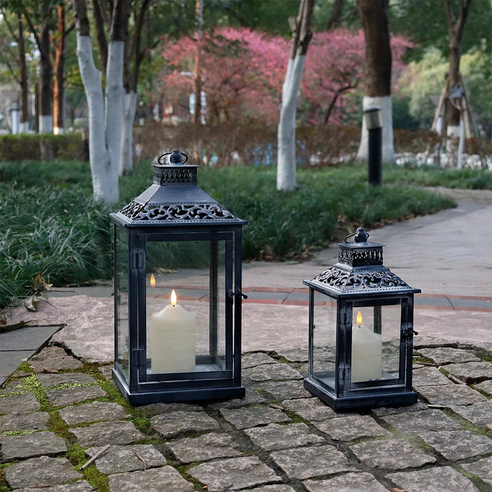 Antique Grey Brush Decorative Lanterns（ Set of 2 ） decorative candle lanterns with nature-inspired artwork - product view 2
