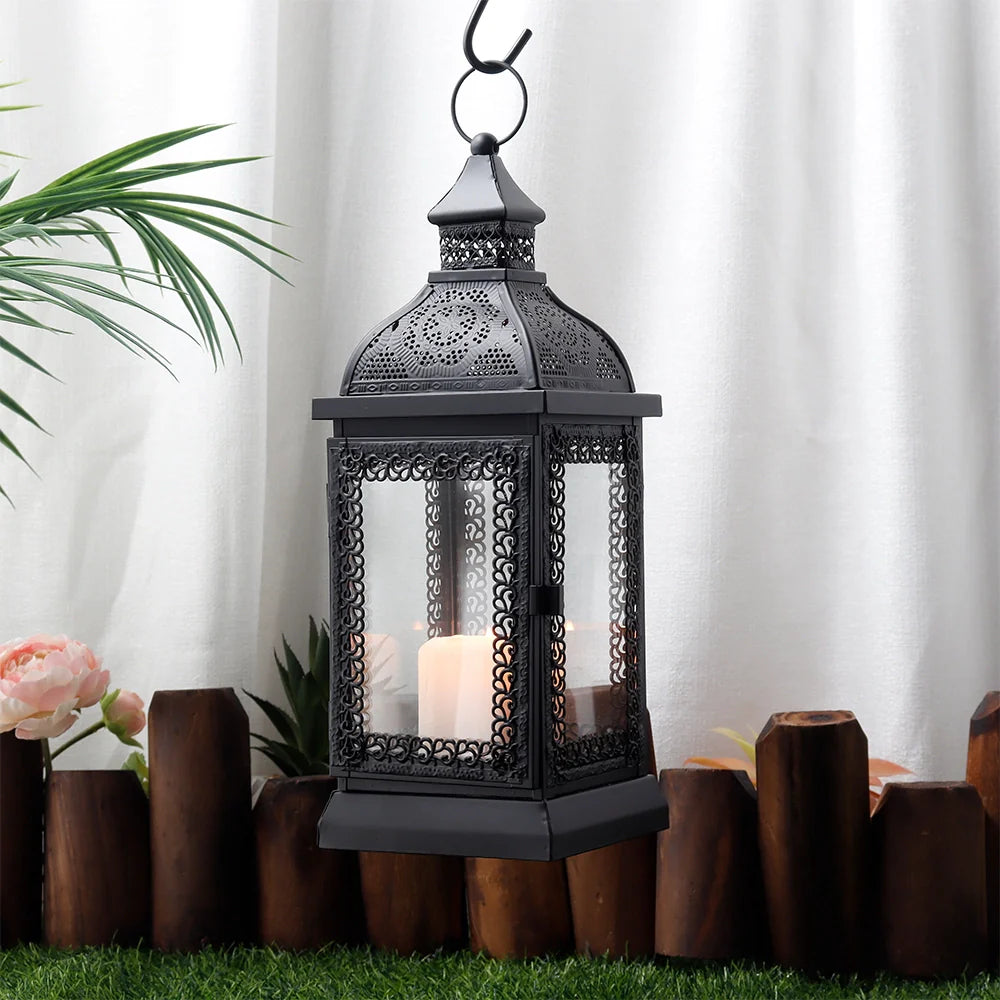 13''h Rustic Metal Candle Lantern(black) decorative candle lanterns with nature-inspired artwork - product view 3