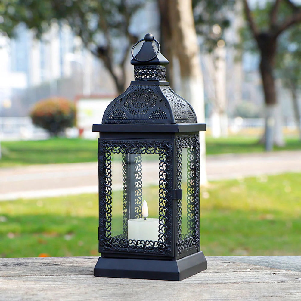 13''h Rustic Metal Candle Lantern(black) decorative candle lanterns with nature-inspired artwork - product view 4