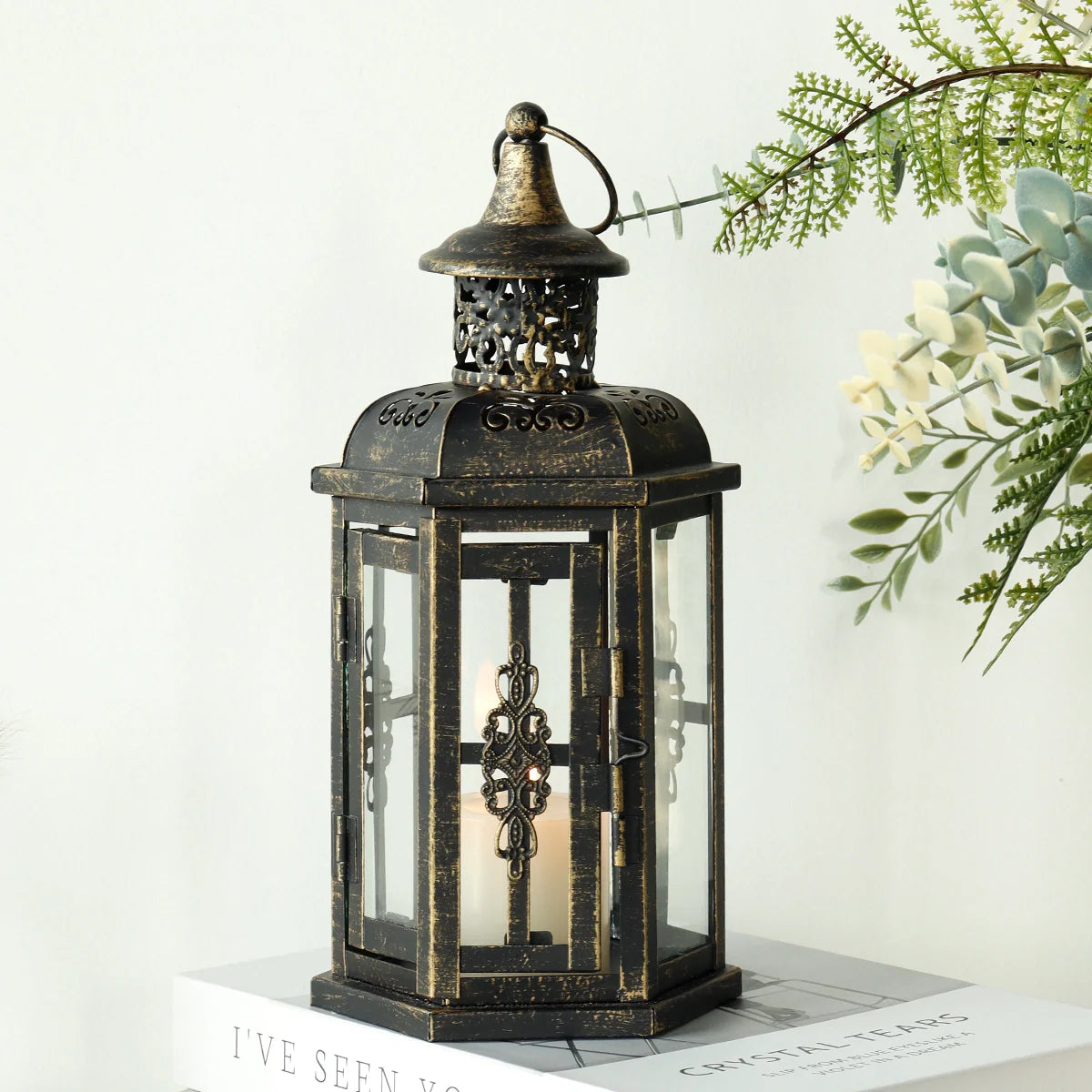 12“h Medium Metal Candle Holder(black with Gold Brush) decorative candle lantern with nature-inspired artwork - product view 3