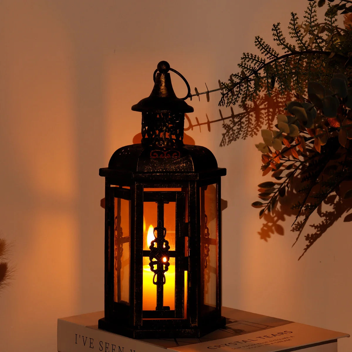 12“h Medium Metal Candle Holder(black with Gold Brush) decorative candle lantern with nature-inspired artwork - product view 4
