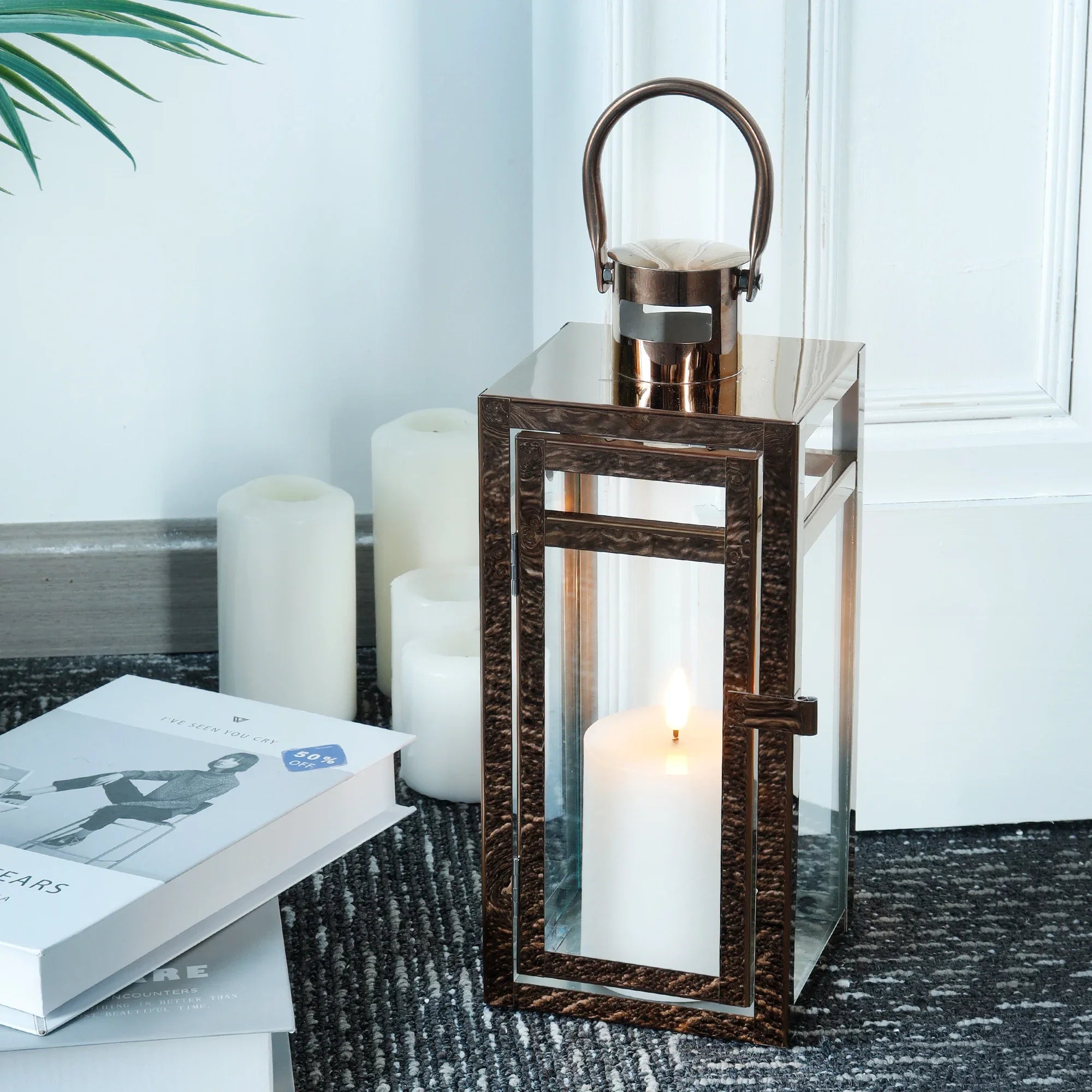 12'' High Metal Decorative Candle Lantern (rose Gold) decorative candle lanterns with nature-inspired artwork - product view 3