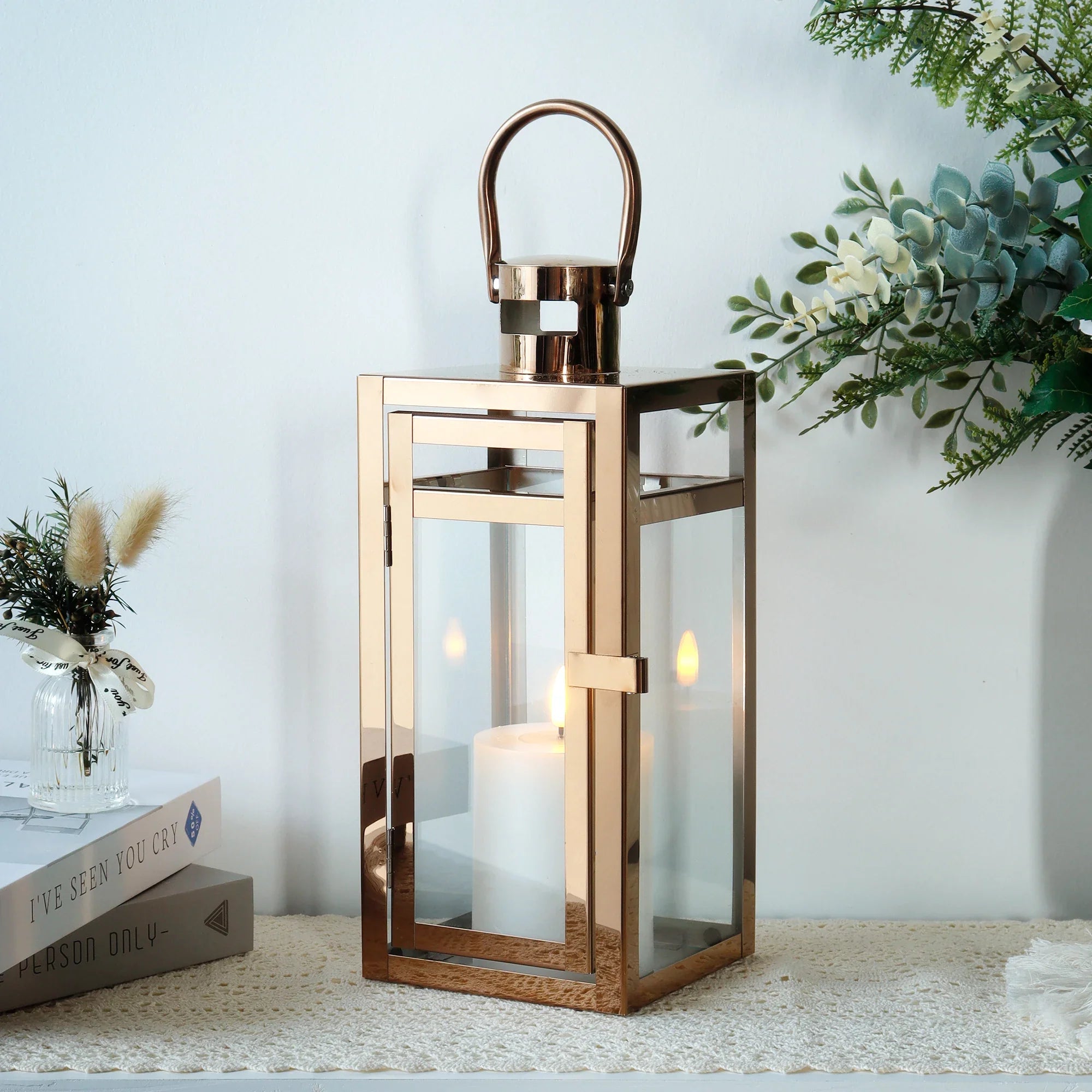 12'' High Metal Decorative Candle Lantern (rose Gold) decorative candle lanterns with nature-inspired artwork - product view 4