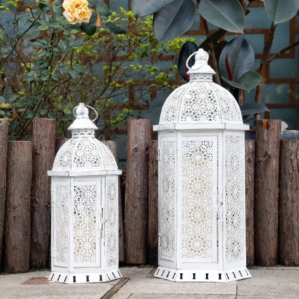 Set of 2-15"&19.5"H White Metal Lanterns