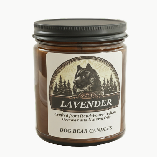 Lavender candle on cream background