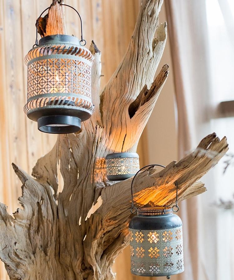 Decorative lanterns hanging from a branch with a soft background